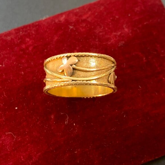 Men's 14KY Gold Butterfly Caterpillar Floral Design Cigar Band Ring Size 10.25 - Picture 16 of 16